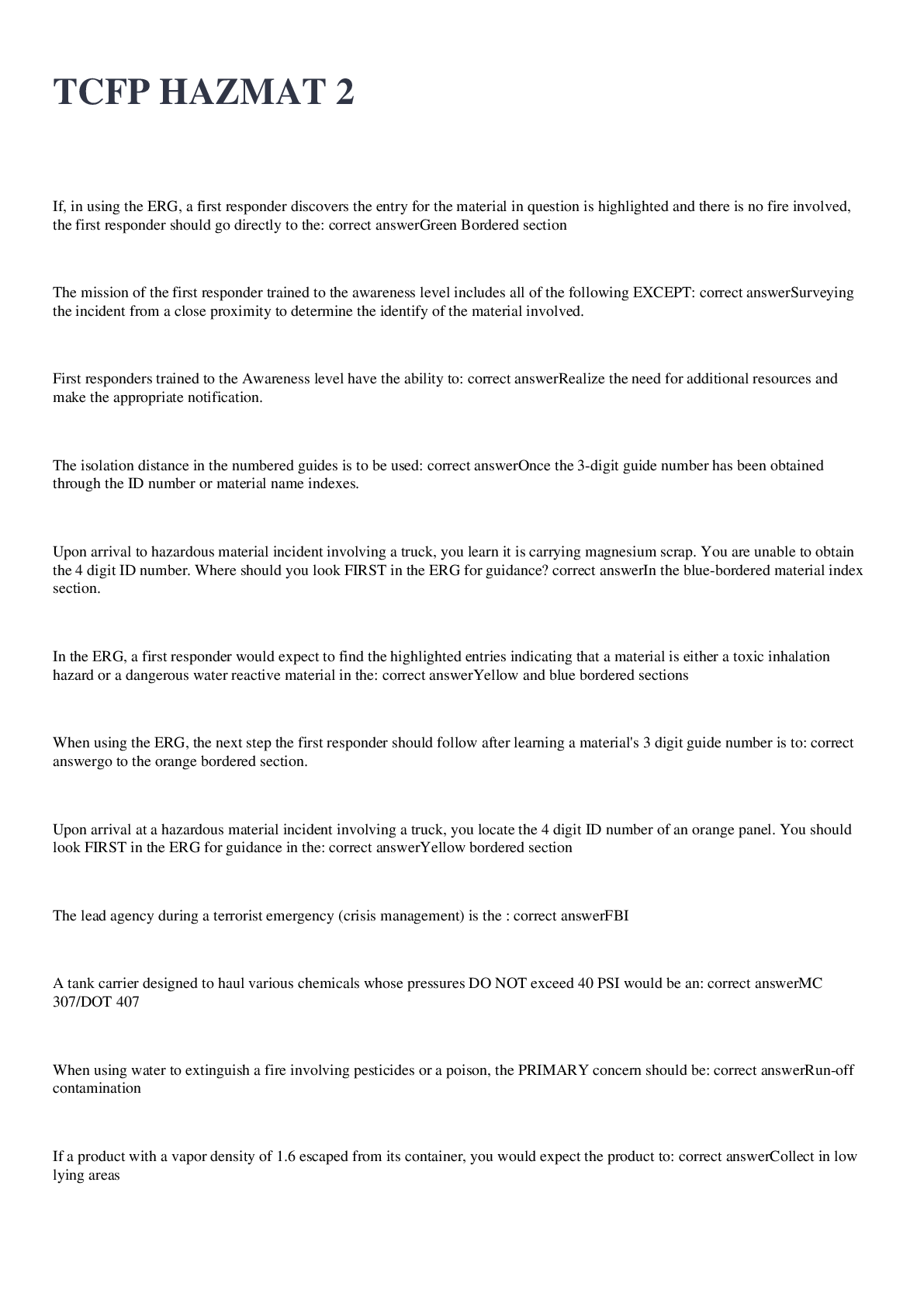 Preview image for TCFP HAZMAT 2 exam 2022/2023 with 100% correct answers